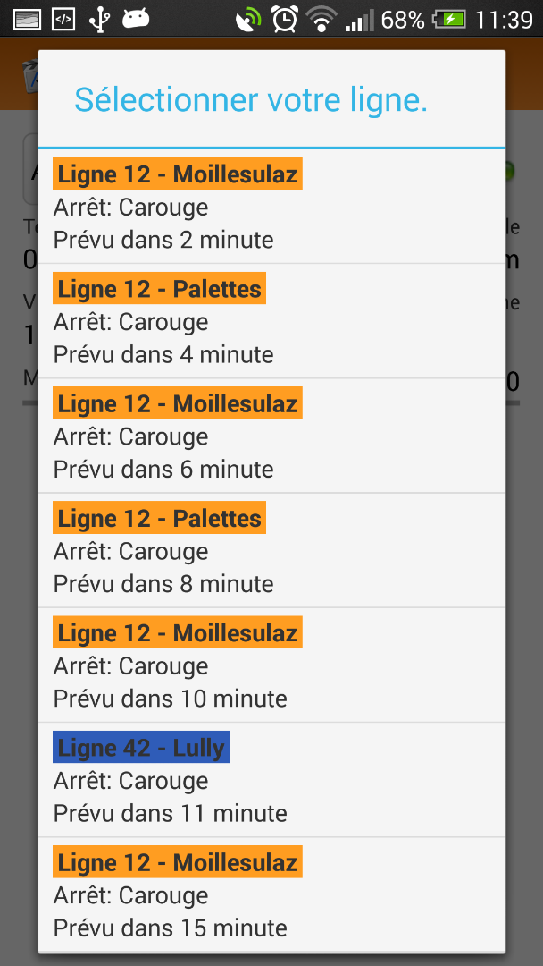 Ensuite, celui-ci peut sélectionner un véhicule dans une liste contenant tous les véhicules disponibles classés par lignes, direction et temps d’arrivée. Seuls les véhicules des lignes contenant une histoire sont affichés.