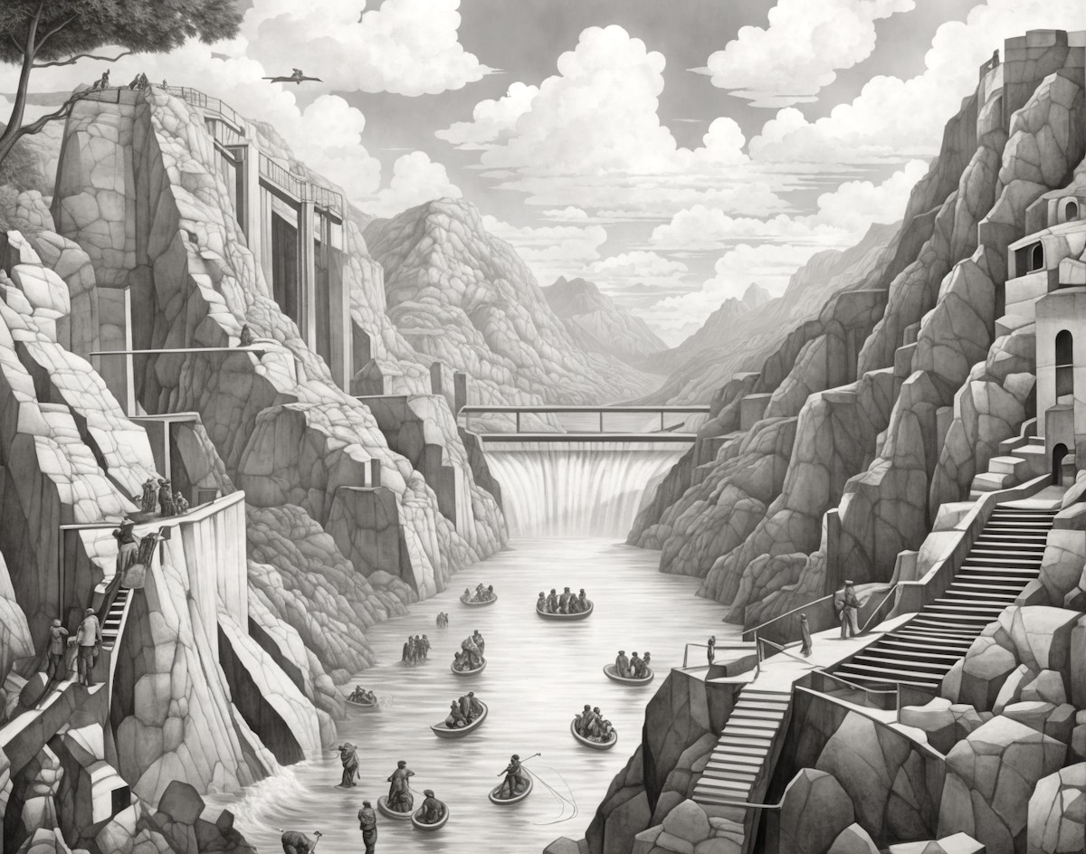 A mountain dam above another mountain dam, in a closed circuit, with a lot of people fishing in the water, Escher style