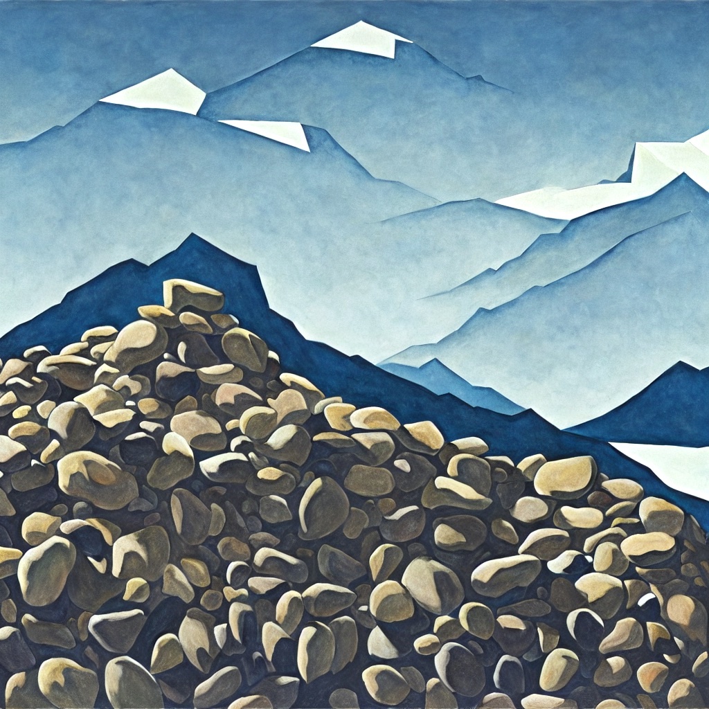 big number of stones on a mountain panorama, white sky