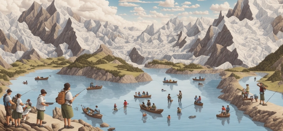 Several groups of man and women fishing on a lake, many people walking on the mountains, 3 man and 3 women working on a computer, with big mountains and a big mountain dam, white sky and white clouds, Escher style